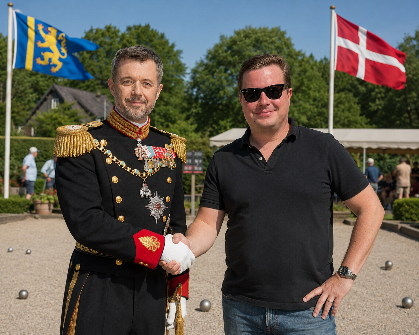 Danmarks konung skakar hand med vår reporter framför den hallandska och den danska flaggan.